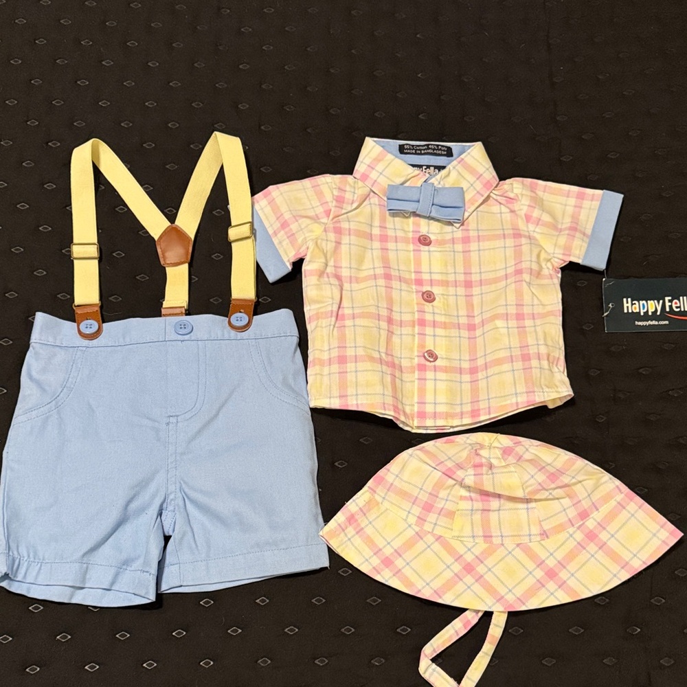 HappyFella Plaid Shirt and Shorts Set with Bow Tie